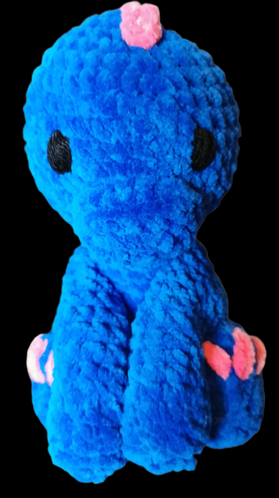 A blue crocheted Apatoaurus soft toy
