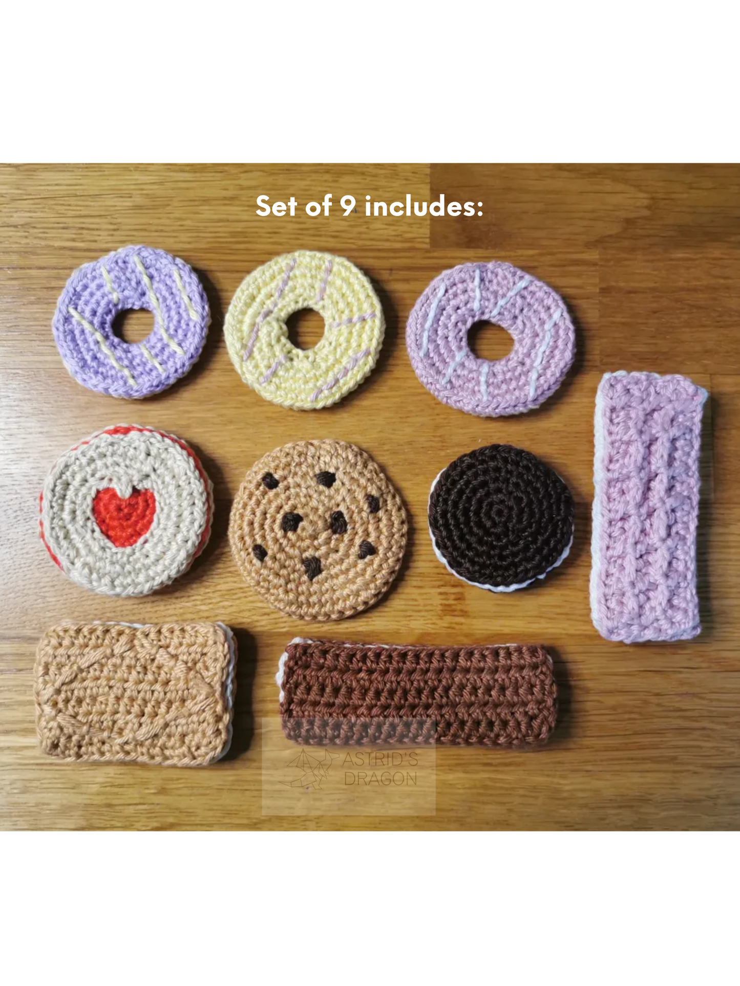 9 crocheted biscuits on a table
