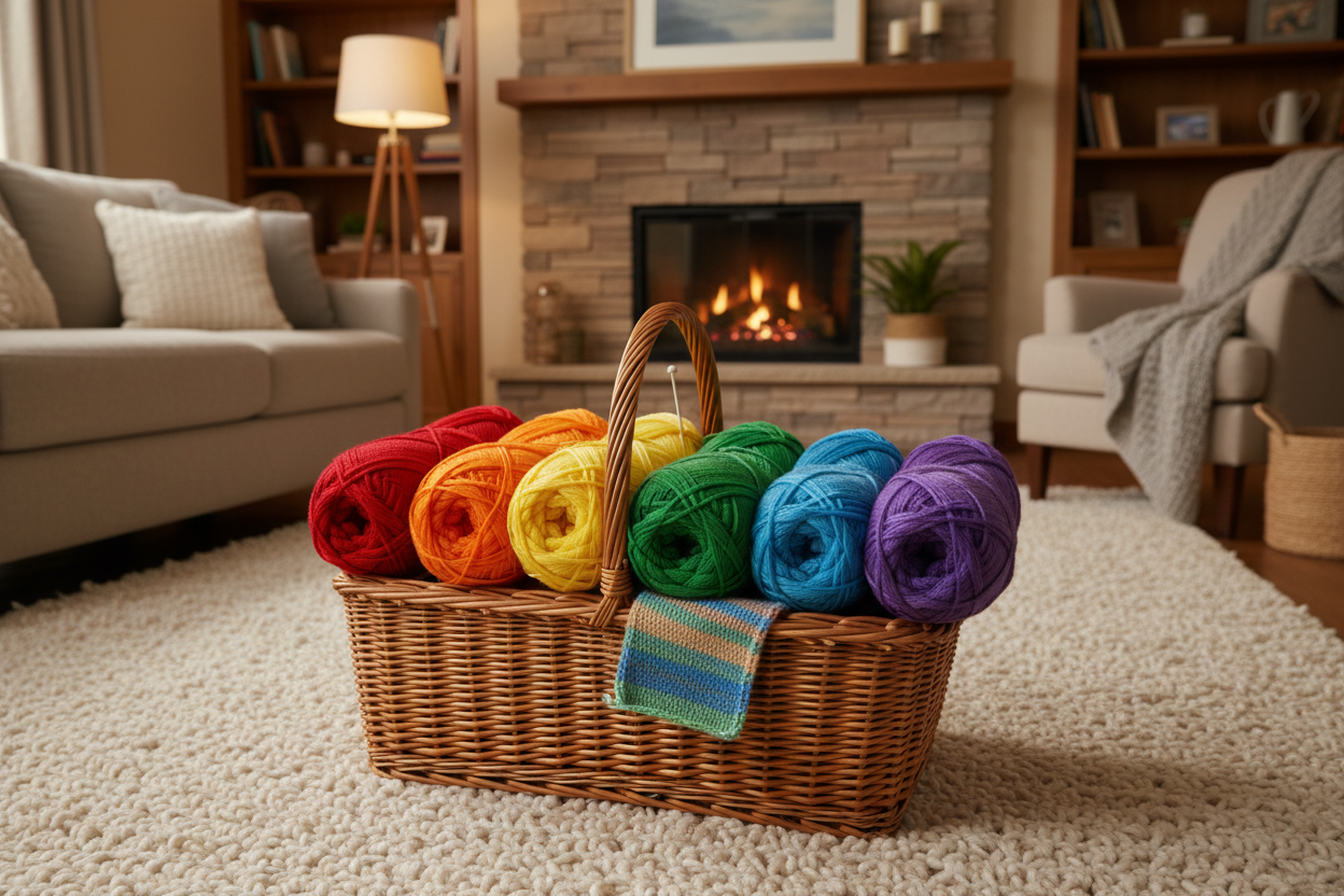A wicker basket full of colourful yarn arranged in rainbow order with a background of a cozy living room