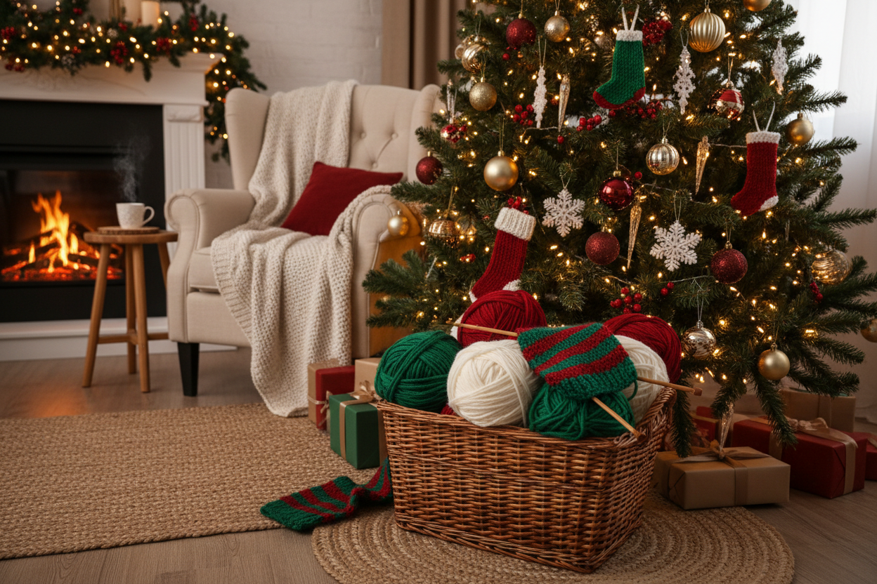 Red, green and white yarn in a basket next to a decorated christmass tree inside a cozy living room